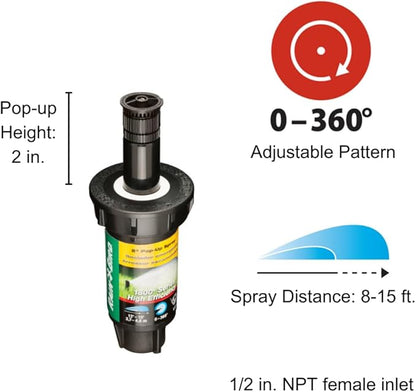 Rain Bird 1802HEVN15 High Efficiency Professional Pop-Up Sprinkler, Adjustable 0° - 360° Pattern, 8' - 15' Spray Distance, 2" Pop-up Height (Pack of 2)