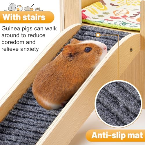 MEWTOGO Upgraded Sturdy Wooden Guinea Pig Castle with Stairs & Mat
