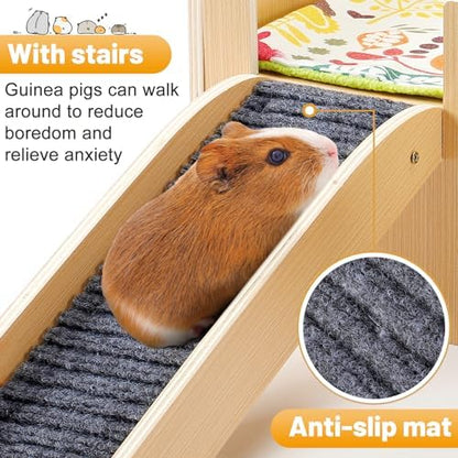 MEWTOGO Upgraded Sturdy Wooden Guinea Pig Castle with Stairs & Mat