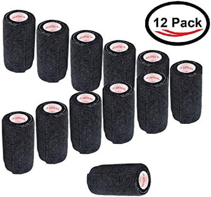 3 Inch Self Adhesive Bandage Wrap - Self-Sticking Vet Wrap - Black, 12 Pack