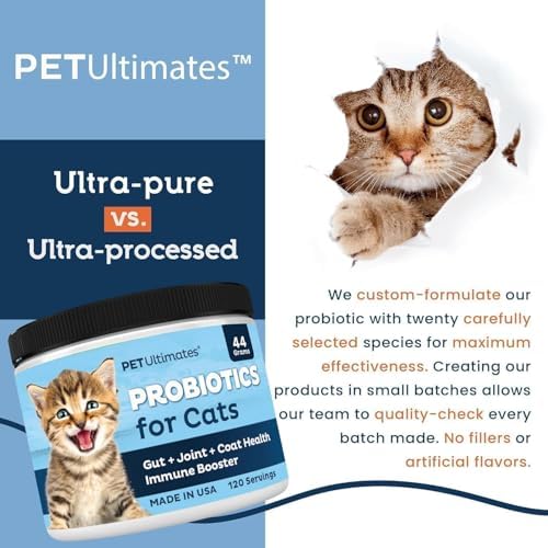 Pet Ultimates Probiotics for Cats (44g/120 Servings) – 20-Species Cat Probiotic Powder – Daily Digestive & Gut Health Support with Digestive Enzymes – Tasteless Supplements for Cats