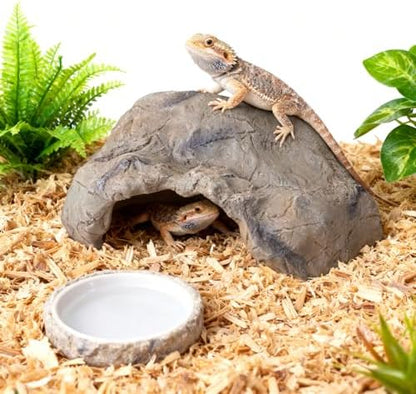 Hide Resin Cave Shelter for Ball Python, Lizard, Leopard Gecko, Bearded Dragon, Terrarium Habitat Decoration (Faux Mud Color, Large)