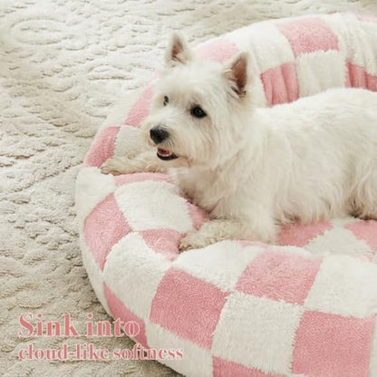 Ohocut Checkered Dog Bed, Cute Girly Pink Retro Style Aesthetic Round Warming Pet Calming Beds for Small Dog and Cats, Plush Cozy Donut Dog Beds Washable, 30" L x 30" W x 8" Th