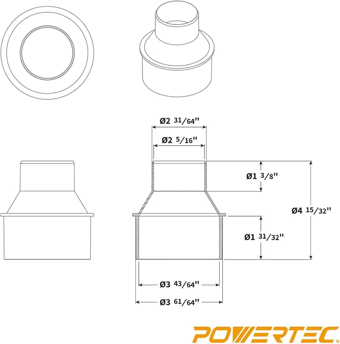 POWERTEC 70338 4-inch Hose to 2-1/2 inch Hose Cone Reducer w/Key Clamp Set