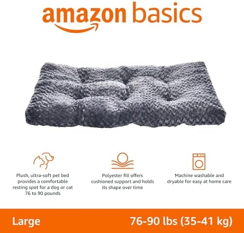Amazon Basics Washable Cat and Dog Bed, Cozy Crate Pad for Large Dogs, Indoor, 40 x 27 x 3.5 inches, Gray