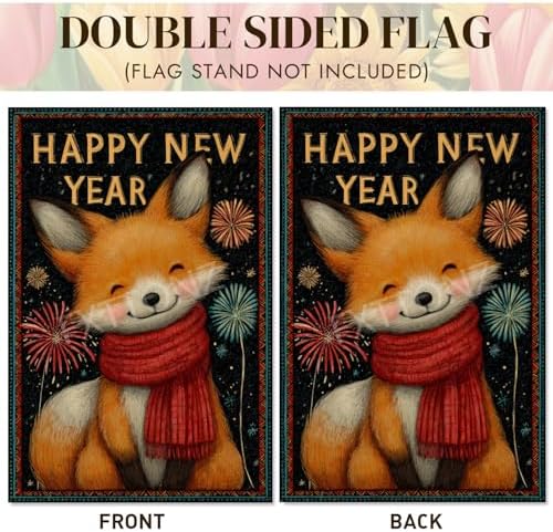 Happy New Year Garden Flag 12x18 Double Sided Vertical Linen Small Fireworks Fox House Flag Welcome Holiday Winter House Outdoor Outside Decorations (27166)