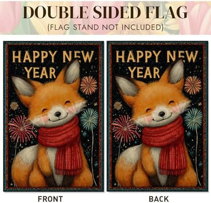 Happy New Year Garden Flag 12x18 Double Sided Vertical Linen Small Fireworks Fox House Flag Welcome Holiday Winter House Outdoor Outside Decorations (27166)