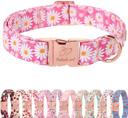 Pink Daisy Dog Collar, Cute Spring Flower Female Pet Collar with Metal Buckle, Soft Adjustable Designer Dog Collars for Small Medium Large Dogs M