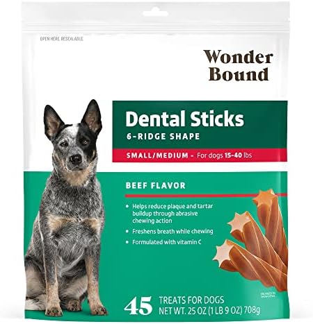 Wonder Bound Beef Flavor Dental Sticks for Small/Medium Dogs (15-40 lbs), 6-Ridge Shape for Plaque & Tartar Control, Freshens Breath, Formulated with Vitamin C, 45 Count