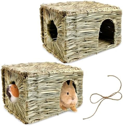 Tfwadmx 2 Pack Rabbit Grass House - Natural Hand Woven Seagrass Play Hay Bed, Collapsible Hideaway Hut Toy for Bunny Hamster Guinea Pig Chinchilla Ferret