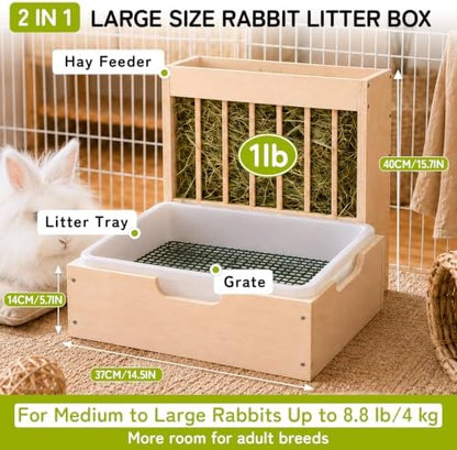 2 in 1 Extra Large Rabbit Hay Feeder with Litter Box, Wooden Bunny Toilet, for Large and Medium-Sized Dwarf Rabbit, Other Animals