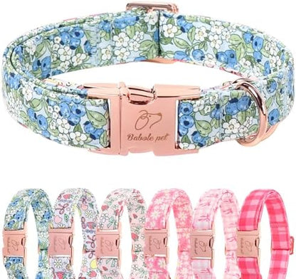 Blueberry Garden Dog Collar, Spring/Summer Cottagecore Floral Dog Collars, Adjustable Heavy Duty Girl Dogs Collar for Small Medium Large Dogs with Metal Buckle XL
