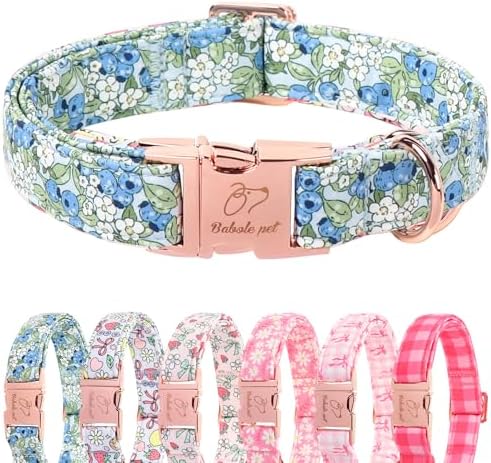Blueberry Garden Dog Collar, Spring/Summer Cottagecore Floral Dog Collars, Adjustable Heavy Duty Girl Dogs Collar for Small Medium Large Dogs with Metal Buckle XS