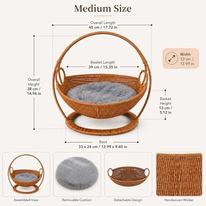 Wicker Cat Bed Elevated Cat Lounger Multifunctional Pet Furniture with Removable Cushion for Indoor Pets