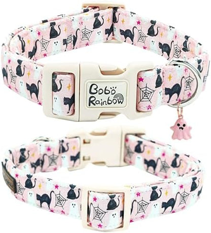 Halloween Dog Collar-Ghost Print Pet Collar Fall Adjustable Cute Lightweight Quick-Release Buckle Collars Holiday Comfortable Cotton Puppy Collars for Large Dogs