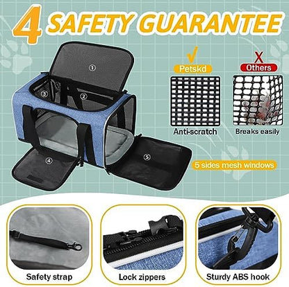 Petskd Small Pet Carrier 17" L x 11" W x 9.5" H Airline Approved, Blue