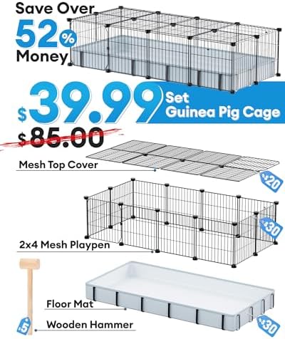 BUCATSTATE Guinea Pig Cages with Floor Mat, 20 Panels Guinea Pigs Playpen with Top Cover, Metal Rabbit Cage Indoor for Hedgehogs, Quail, Chickens (47" L x 24" W x 12" H)