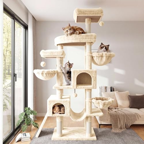 SHA CERLIN 82 inch Cat Tree Tower, Multi-Level Cat Condo with Plush Perches, Sisal Scratching Posts, Hammock and Toys, Stable Cat Tower for Kittens and Adult Cats, Beige
