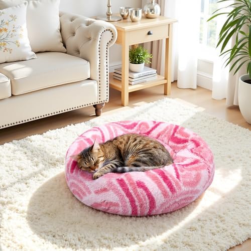 Calming Donut Dog Bed for Small Dogs, Fluffy Round Sofa Burrow Bed, Orthopedic Waterproof Anti-Anxiety Pet Beds with Supportive Edge, Washable Soft Plush Cat Beds with Non-Slip Bottom