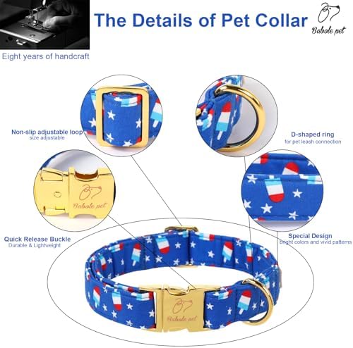 4th of July Dog Collar, Blue Flag Popsicle Patriotic Pet Collar with Metal Buckle, Adjustable Summer Holiday Dog Collars for Small Medium Large Dogs XS