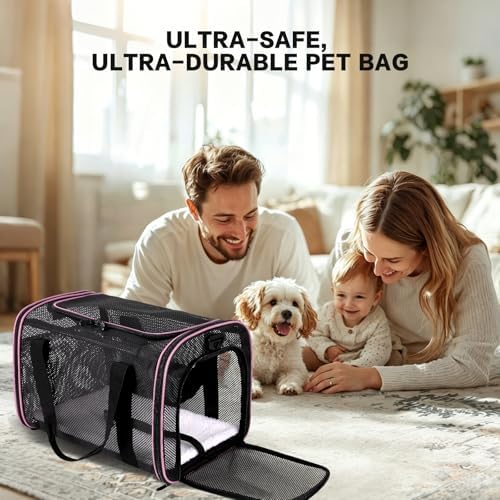 Cat Carrier Soft-Sided Dog Pet Carrier Pets Travel Carriers for Big Cats Small Dogs Mesh Puppy Carry Bag,TSA Airline Up to 16 Lbs (Pink, 17 * 11 * 11)