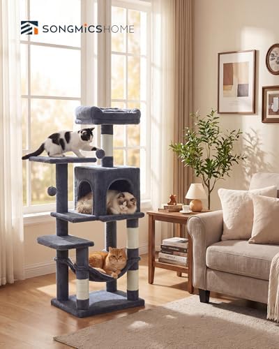 SONGMICS HOME Cat Tree for Indoor Cats, Multi-Level Tower Condo with Sisal Scratching Posts, Hammock and Condo, Dark Gray