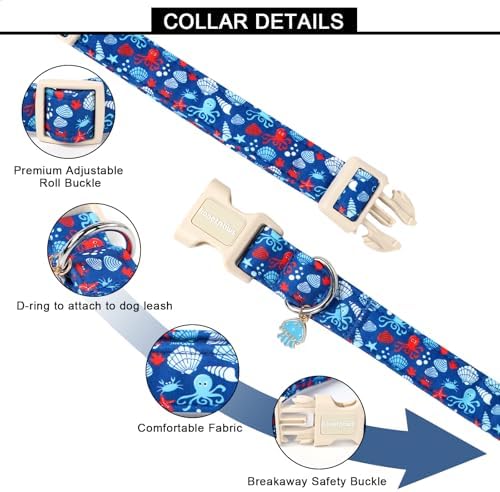 Lionet Paws Summer Blue Dog Collar- Cute Sea Shell Dog Collars with Plastic Buckle and Octopus Pendant,Light Adjustable Dog Collars for Medium Large Dogs