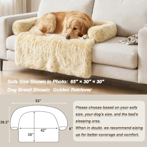 Calming Dog Bed Fluffy Plush Dog Mat for Furniture Protector with Removable Washable Cover for Large Medium Small Dogs and Cats (Extra Large (53x39.3x6), Beige)