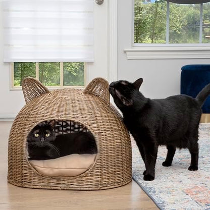 CBD1000A Cat Ear 20" x 14.5" Coastal Handwoven Rattan Cat Bed with Machine-Washable Cushion, Natural
