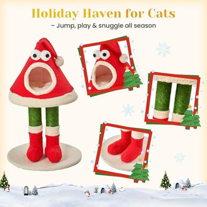 32" Cat Tree Tower –Santa Hat Design with Scratching Posts & Cozy Bed, Suitable for Small to Large Cats, Red