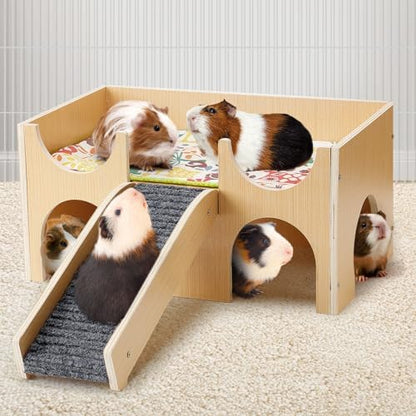 MEWTOGO Upgraded Sturdy Wooden Guinea Pig Castle with Stairs & Mat