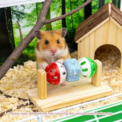 Hamster Enrichment Bell Ball Toys, Natural Guinea Pig Chewing Calcium Stone for Teething, Interactive Wooden Small Anima Cage Toys for Rats, Syrian & Dwarf Hamsters Playing Teeth Grinding