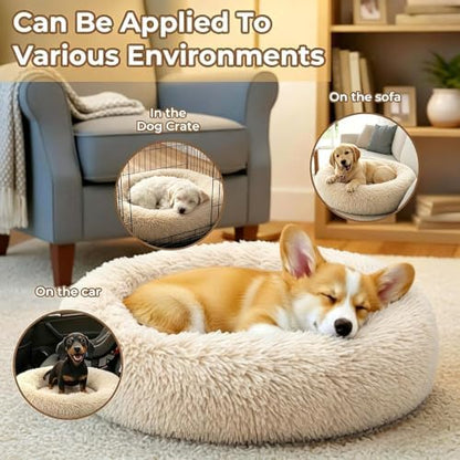 Calming Large Donut Dog and Cat Bed, Anti-Anxiety Round Soft Fluffy Plush Faux Fur Washable Anti-Slip Pet Bed for Medium Dogs Up to 35 lbs 28in Light-Brown