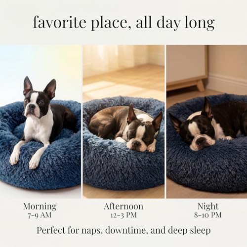 Calming Dog Bed for Medium Dogs Washable Donut 30 inches Anti-Slip Pet Bed,Round Fluffy Plush Faux Fur Cat Bed,Fits up to 45 lbs Pets,Navy Blue