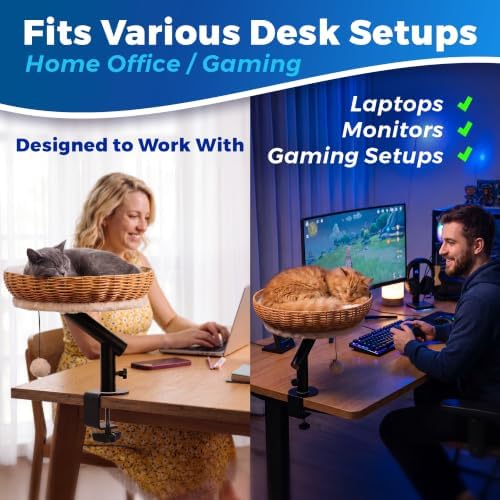 PetLovers Cat Desk Bed - Rattan Elevated Desk Cat Bed Attachment with Removable Washable Cushion, 360° Swivel Arm, Secure Clamp - Keeps Your Pet Close While You Work or Play