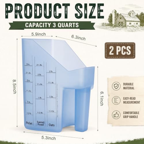 Uiifan 2 Pcs 3 Quart Horse Feed Scoop with Measurements for Farm, Blue