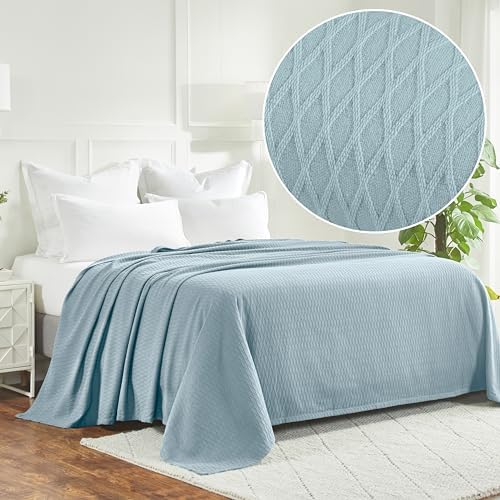 Superior Diamond Weave All-Season Cotton Blanket, Cover for Home, Couch, Bed, Soft, Warm Blankets, Boho Aesthetic, Comfy, Cozy, and Cute Covers, Decorative Bedding Essentials, Full/Queen, Aqua