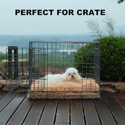Bedfolks Plush Waterproof Dog Crate Bed, Removable Washable Cover, Faux Fur, Fluffy Kennel Bed 23"x18", Camel
