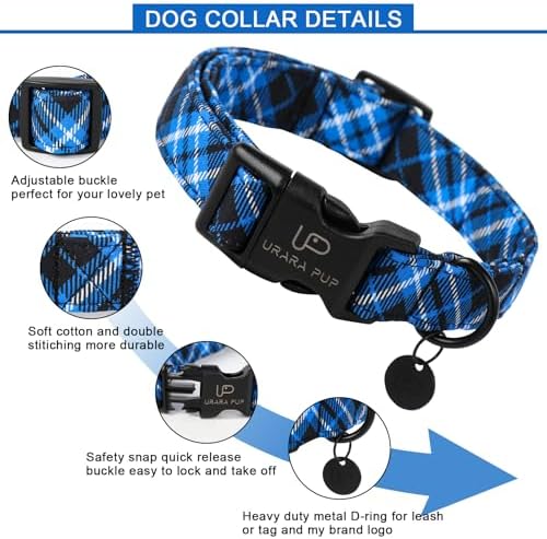Dog Collar, Autumn Cotton Collar for Puppy Girl Dog or Cat, Holiday Blue Plaid Collar with Lightweight Plastic Buckle, Adorable Pet Collar