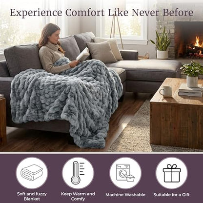 Lavish Home Oversized Ruched Faux Fur Blanket - 60x80-Inch Plush Polyester Faux Fur Queen-Size Throw for Sofas and Beds - Luxurious Bedding (Silver)