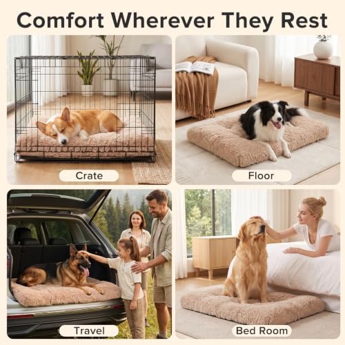 JOEJOY Large Dog Bed Crate Pad, Deluxe Plush Washable Dog Beds Fulffy Soft Kennel Pad Anti-Slip Pet Sleeping Mat for Large Medium Small Dogs, 35" x 23", Beige