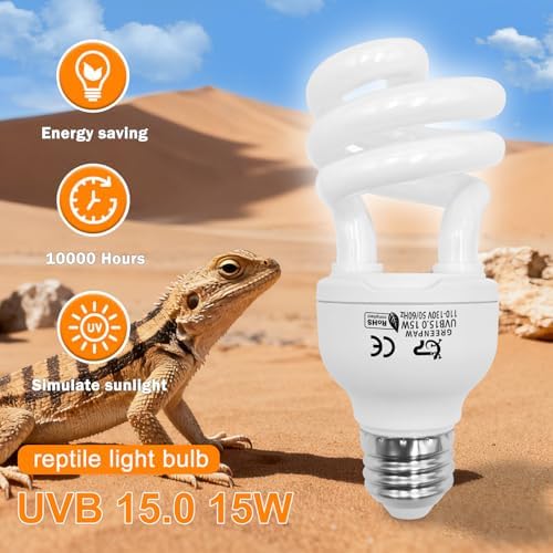 UVB Reptile Light, 15.0 15W UVA UVB Light for Reptiles, Spiral Compact Fluorescent UVB Bulb for Desert Reptiles and Amphibians