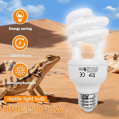 UVB Reptile Light, 15.0 15W UVA UVB Light for Reptiles, Spiral Compact Fluorescent UVB Bulb for Desert Reptiles and Amphibians