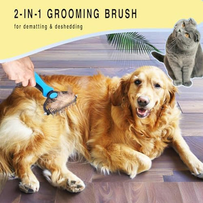Pet Grooming Rake for Dogs & Cats - Double-Sided Deshedding and Dematting Tool, Gently Remove 95% of Loose Undercoat & Mats for Long-Haired Pets, Painless Fur Brush for Shedding Control (Blue+Comb)