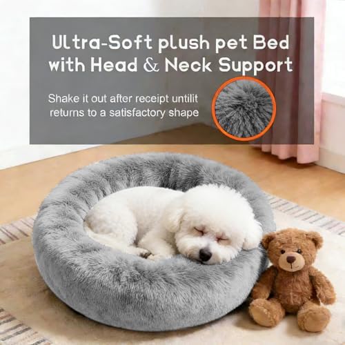 Comfort Donut Dog Bed for Small Dogs, Cat Bed & Pet Bed for Indoor Use, Medium Size with Soft Plush, Round Dog Beds for Large Dogs and Cats (Light Gray, 20''Lx20''Wx8''Th)