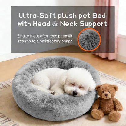 Comfort Donut Dog Bed for Small Dogs, Cat Bed & Pet Bed for Indoor Use, Medium Size with Soft Plush, Round Dog Beds for Large Dogs and Cats (Light Gray, 20''Lx20''Wx8''Th)