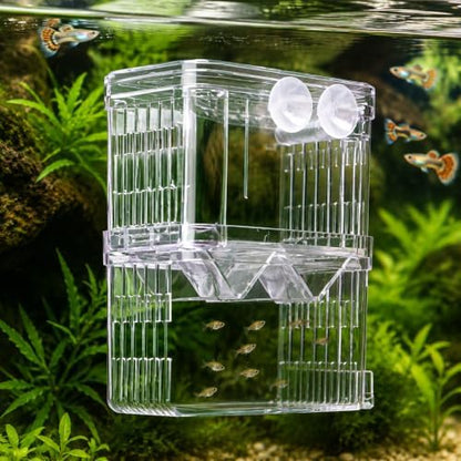 Aquarium Breeder Box for Fish Tank, Acrylic Fry Hatchery & Isolation Box with Air Pump Connector, Double Layer Nursery for Guppy Fry, Shrimp, Betta and Injured Fish (Small)