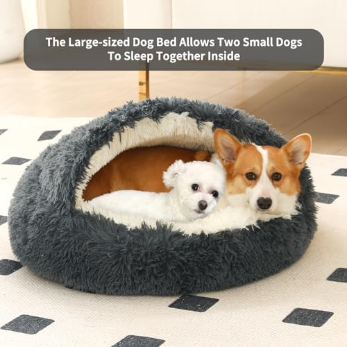 Hooded Donut Dog Bed, Self-Warming Cat Cave for Puppies & Kittens