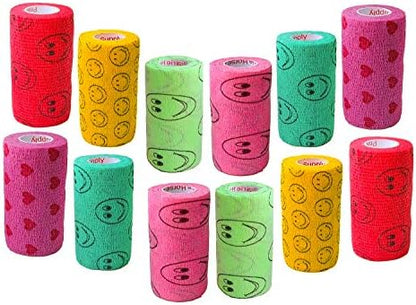 3 Inch Vet Wrap Tape Bulk (Smile Pattern in Yellow, Red, Teal, Neon Green, Neon Pink and Pink with Red Heart Pattern) (Pack of 24) Self Adhesive Adherent Adhering Flex Bandage Grip Roll Dog Cat