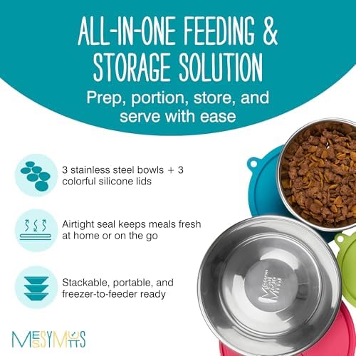 Messy Mutts 6 Piece Set, 3 Stainless Bowls and 3 Silicone Lids, Extra-Large